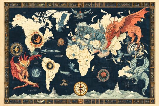 A colorful fantasy map of the world featuring mythical creatures