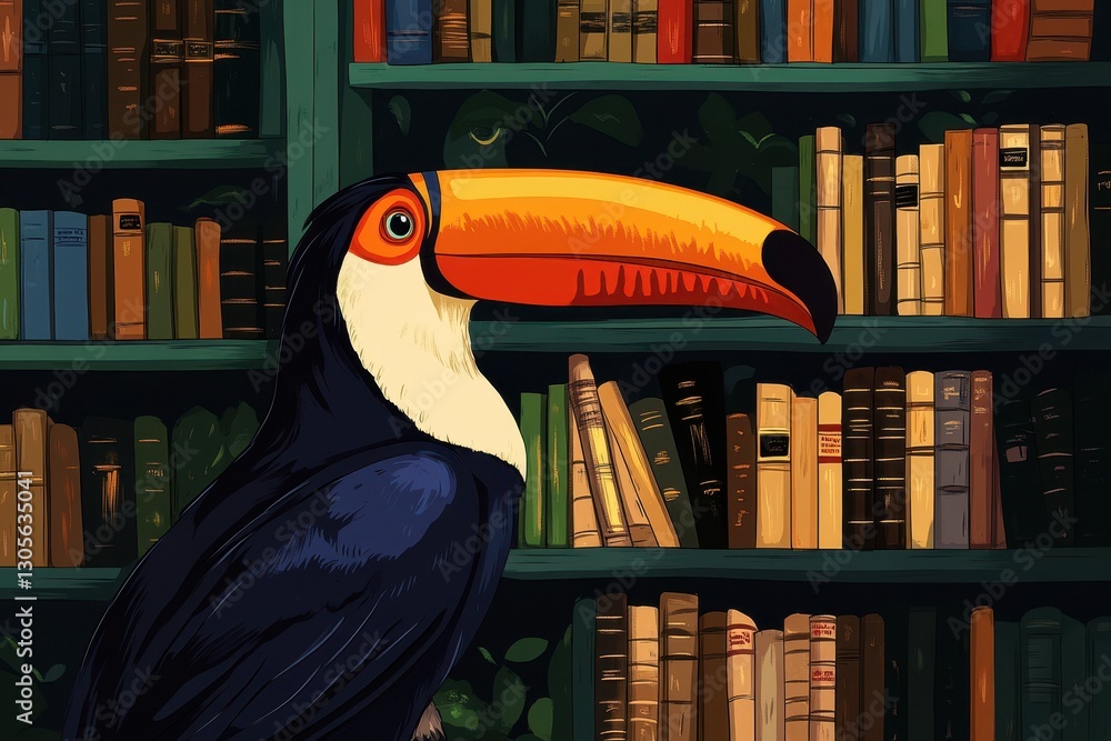 Poster a colorful toucan is resting near a packed bookshelf