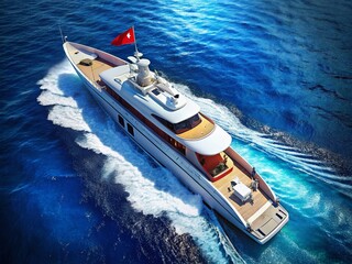 Fototapeta premium Red Ensign Flag on Luxury Yacht - Aerial View, Sunny Day, Ocean Background