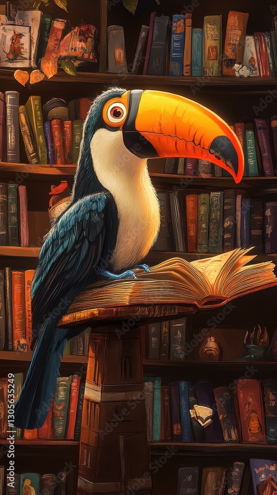 Poster a colorful toucan bird is reading a large open book