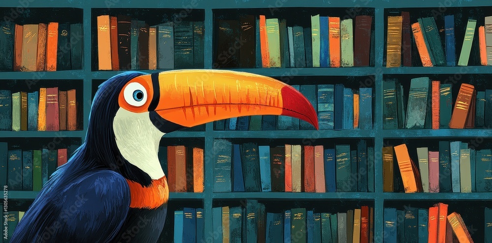 Poster a colorful toucan bird peering out from a library bookshelf