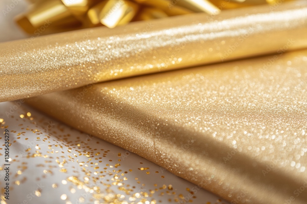 Poster sparkling gold wrapping paper and decorations create a festive atmosphere for celebration preparatio