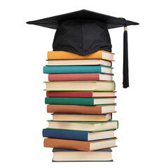 Front view of stacked books with a graduation cap on white background, perfect for Education Day, academic promotions, and school-themed visuals