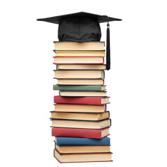 Front view of stacked books with a graduation cap on white background, perfect for Education Day, academic promotions, and school-themed visuals