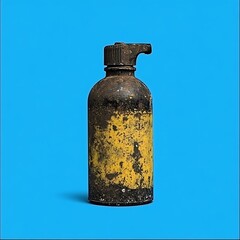 A weathered and rusted vintage bottle against a blue background