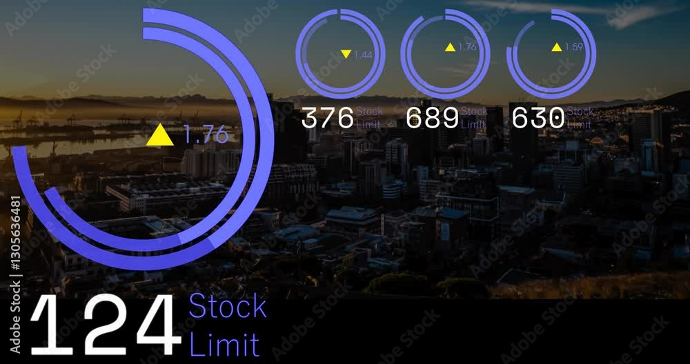 Poster animation of circular graphs overlaying cityscape at sunset with stock limit numbers