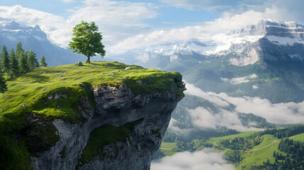 Fototapeta premium Solitary tree standing on rocky cliff edge, overlooking verdant alpine landscape with distant snow-peaks rising against clear sky