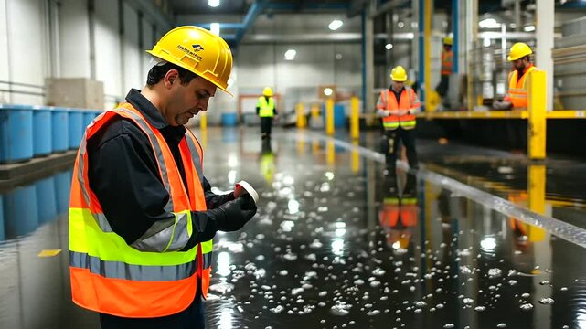 A major pipe burst flooding a section of a factory floor, with workers in safety gear assessing the damage and preparing for repairs.