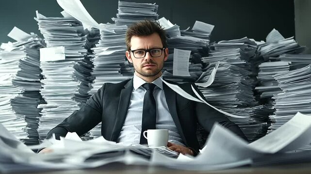 A man surrounded by teetering stacks of documents, with a coffee cup precariously perched on top, capturing the pressure of managing bookkeeping tasks.