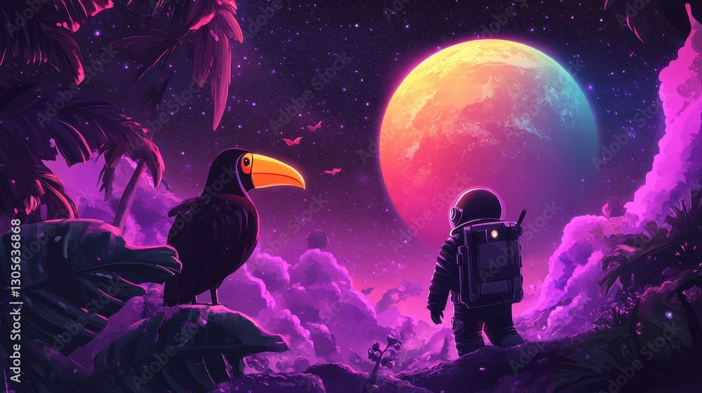 Poster an astronaut and a toucan encounter on a distant celestial planet