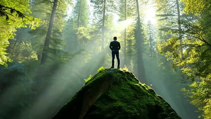 A person standing on a moss-covered rock in the middle of a tranquil forest, with soft sunlight filtering through the trees, representing personal growth and introspection in sobri