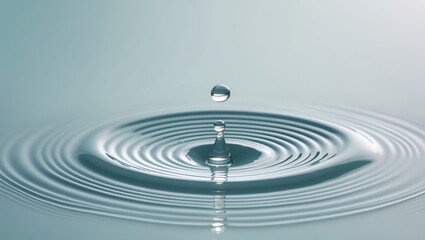 Water drop with droplet and rings on surface bluish background.