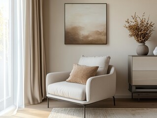 A modern living room design with neutral colors and minimal decor