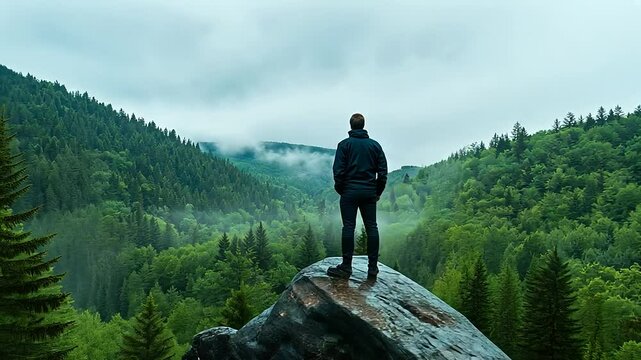 A person standing alone on a rock, looking out at the peaceful forest with a sense of calm, symbolizing introspection and the healing power of nature during sobriety recovery.