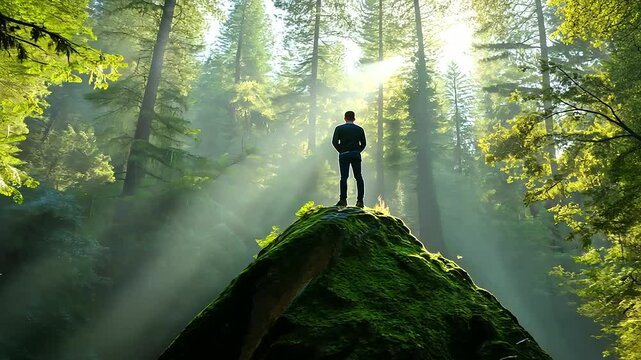 A person standing on a moss-covered rock in the middle of a tranquil forest, with soft sunlight filtering through the trees, representing personal growth and introspection in sobri