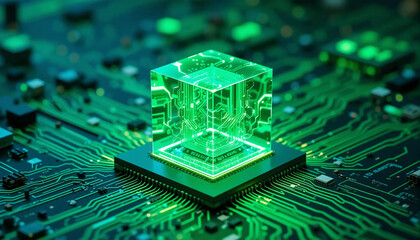 Quantum computer chip with glowing light in a high tech scenario
