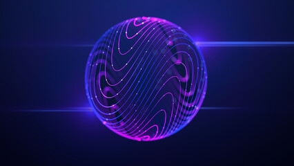 Glowing sphere on blue background. Holographic orb on gradient. Geometric circle shape, neon graphic ultraviolet ball pink magenta blue Digital sphere background.