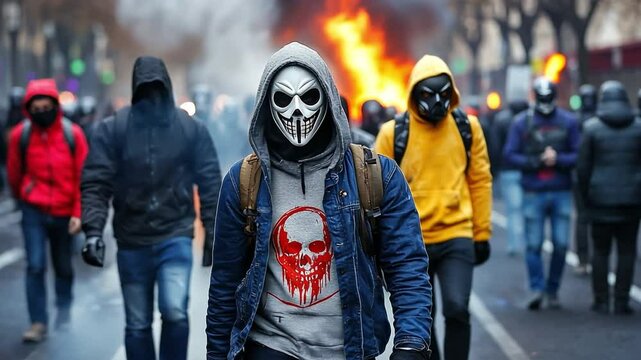 Dramatic chaos erupts in a dystopian city as riot police clash with masked protesters amidst smoke and flames.