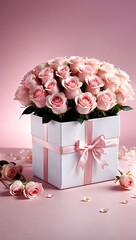 A white box with a pink ribbon tied around it.