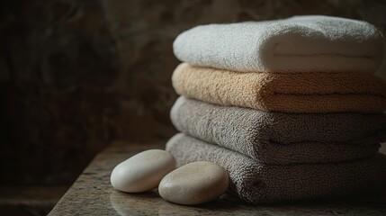 Stacked Towels And Smooth Stones Spa Relaxation