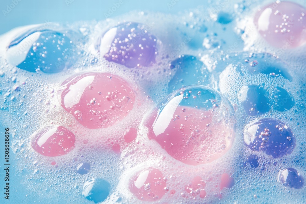 Fototapete Colorful soap bubbles floating on a smooth light blue surface in a playful arrangement reflecting light. Generative AI