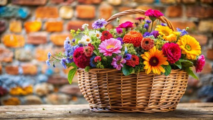 Rustic Flower Basket on Perforated Brick Wall - Spring Floral Still Life Photography