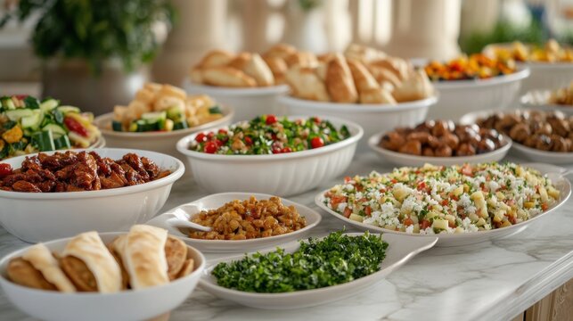 Suhoor buffet displaying traditional dishes for ramadan meal