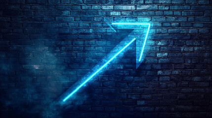 Blue neon arrow on dark brick wall background, symbolizing progress, direction, and growth, ideal for motivational or business concepts
