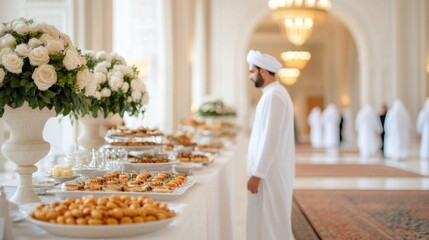Emirati man contemplating iftar buffet in luxurious setting