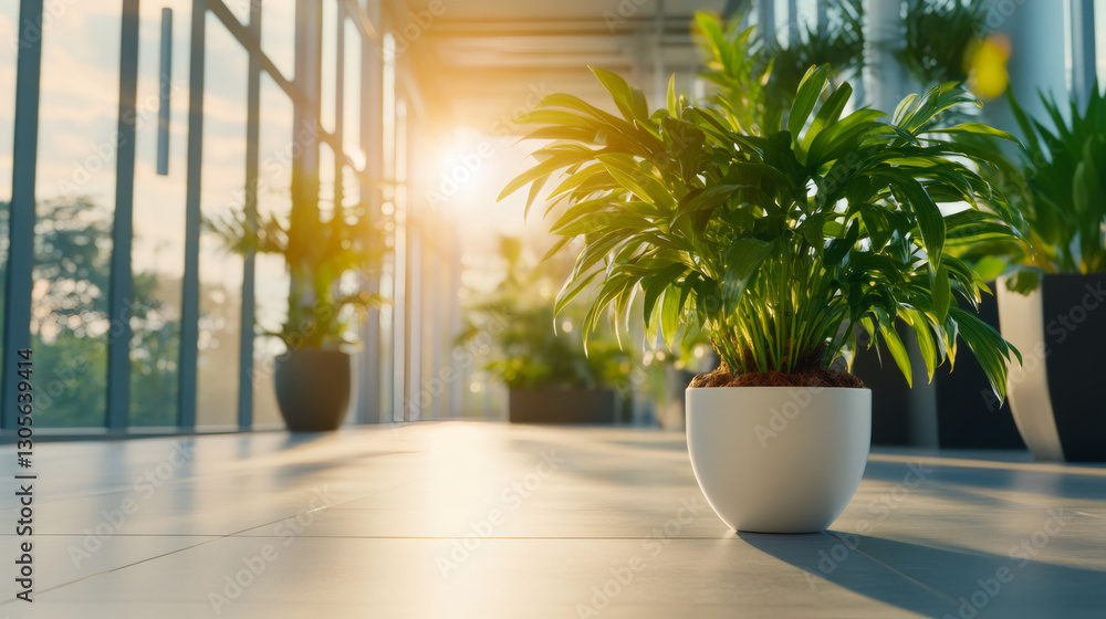 Aufkleber parlor palm glowing warmly near sleek desk, casting soft shadows across minimalist workspace with se