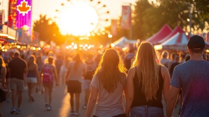 Fototapeta premium A Canada Day Festival with Families Enjoying Carnival Rides and Food Stalls at Sunset. Generative AI