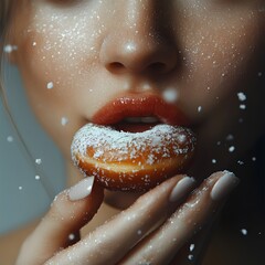 Close-up of a woman holding a powdered donut near her lips in a snowy setting