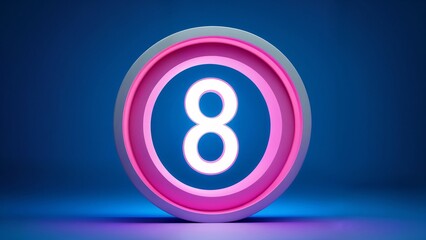 A 3D rendering of the number eight in a pink and blue circle.