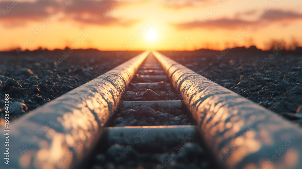 Aufkleber close-up view of railway tracks leading towards the setting sun, symbolizing journey, progress, and 