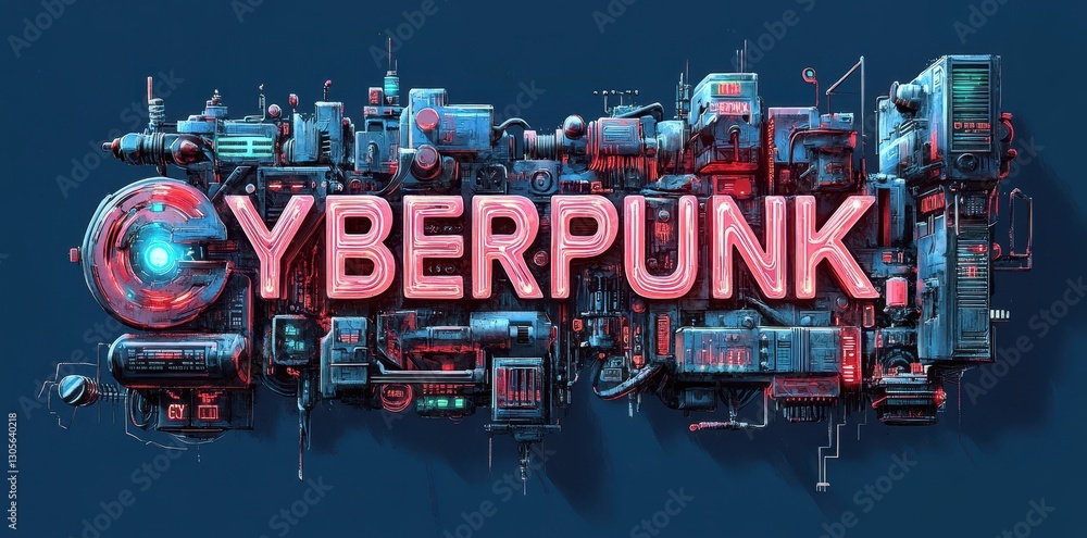 Poster illuminated cyberpunk text within an abstract detailed technological futuristic design