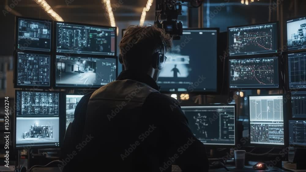 Poster security professional carefully analyzing multiple surveillance screens in high tech control room, t