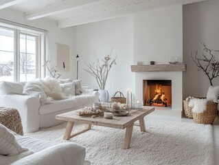 A cozy white living room decorated with a fireplace and candles