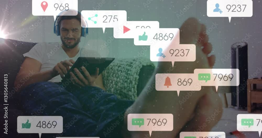 Poster using tablet, man viewing animation of social media notifications in school setting