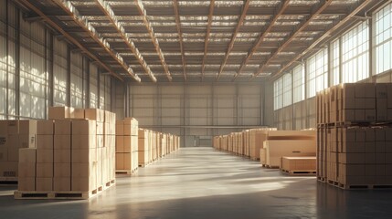 Empty warehouse interior, sunlight, boxes