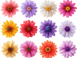 set of colorful daisies and chrysanthemum flowers isolated on a white back