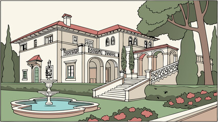 A grand Mediterranean-style mansion with a marble pool and lush gardens