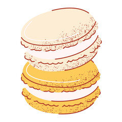 Stack of french vanilla and lemon macarons, sweet dessert. Vector illustration, flat hand drawn style with texture. Baked food for sticker, bakery, cafe shop, eatery. Isolated background