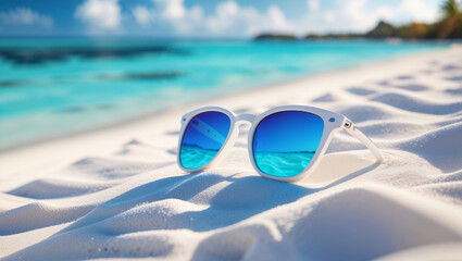 Sunglasses rest on white sand, reflecting the turquoise ocean of a tropical paradise.