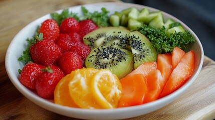 Delicious Fresh Fruit Salad Bowl Colorful Kiwi Strawberries Oranges Healthy Eating Vibrant Summer Food Photography Sweet Dessert Recipe red diet green