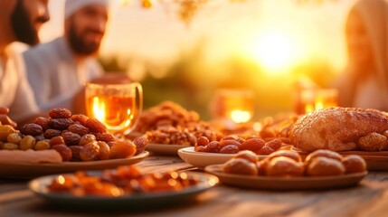 Family Sharing Dates and Tea Outdoors During Golden Hour. Generative AI