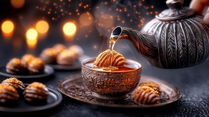Fototapeta premium Pouring Tea from a Beautifully Crafted Teapot into a Decorative Tea Cup with Sweet Delights Nearby. Generative AI
