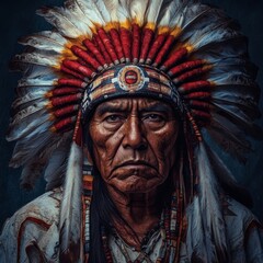 Obraz premium Portrait of a senior Native American leader wearing traditional feathers and attire, representing the heritage and spirit of Indigenous peoples