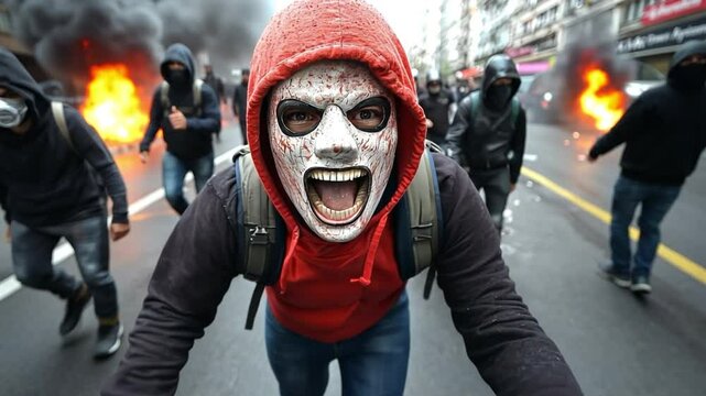 Intense protest in a dystopian city: riot police clash with masked demonstrators amidst smoke and fire.