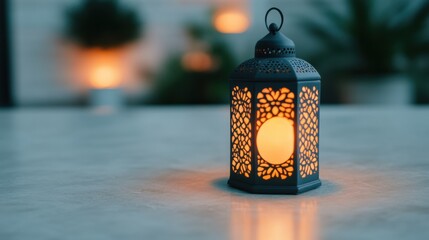 Ornate lantern illuminating iftar table during ramadan