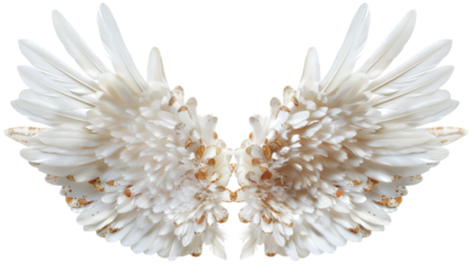Elegant white angel wings isolated. A detailed pair of celestial wings adorned with delicate gold accents, symbolizing purity and divinity. AI generated.  .